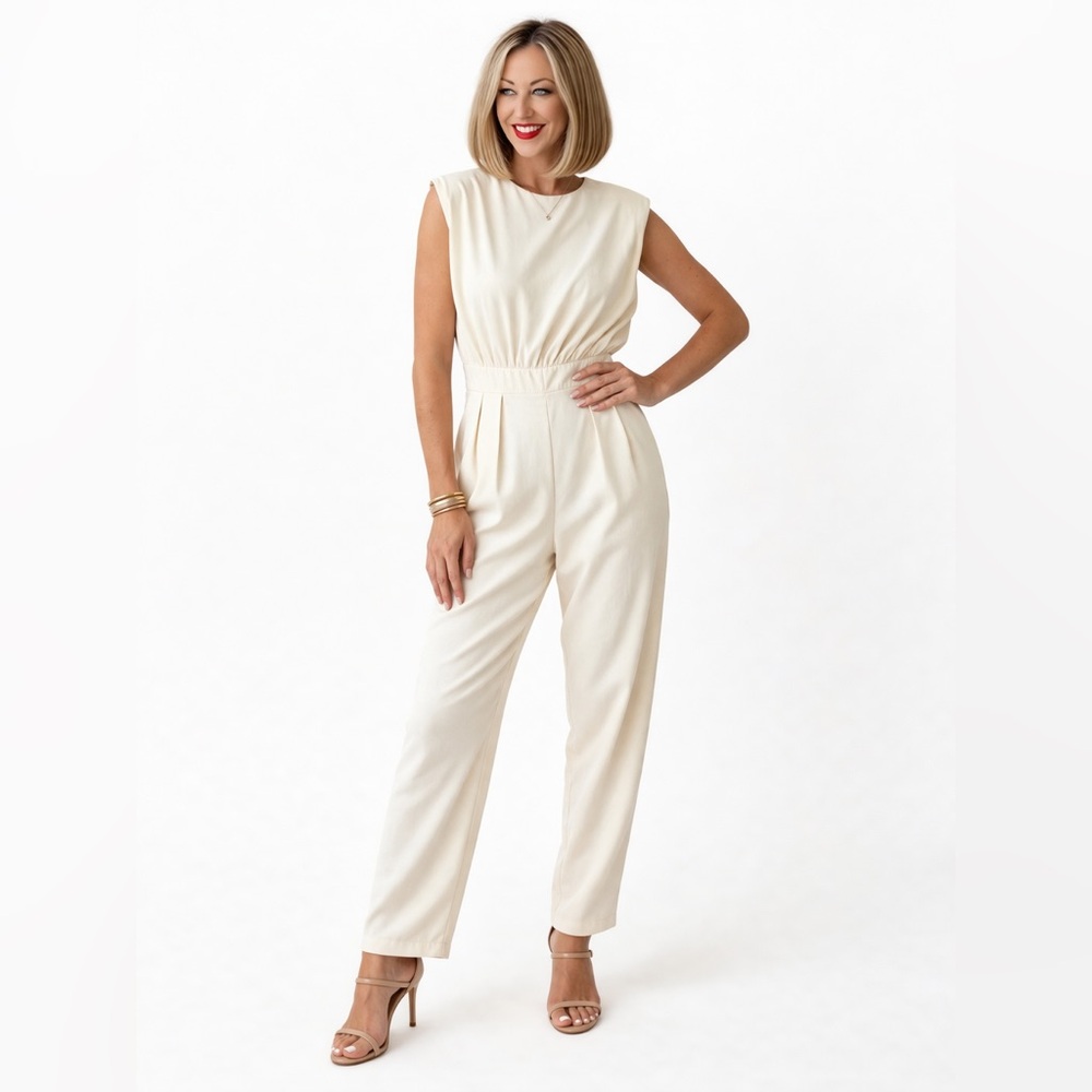 Cream Sleeveless Jumpsuit | Minimalist Chic Tailored Size M (6) Neutral - Picture 5 of 5